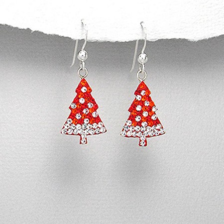 Red and White Bonded Crystal Christmas Tree Earrings - Click Image to Close